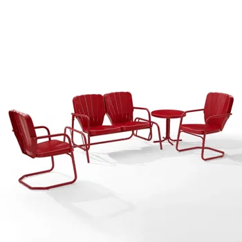 Crosley רדיו ברידג ' לנד 4Pc חיצוני מתכת השיחה להגדיר אדום בהיר מבריק - הכיסא דאון, שולחן צד, & 2 כורסאות