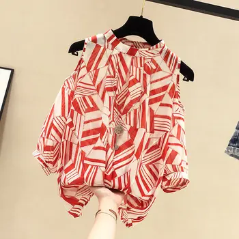 גיאומטריה הדפסת שיפון חולצה אביב קיץ אופנה חולצה 2023 נשים שרוול ארוך צוואר עגול אלגנטי מקרית קוריאני סגנון החולצה