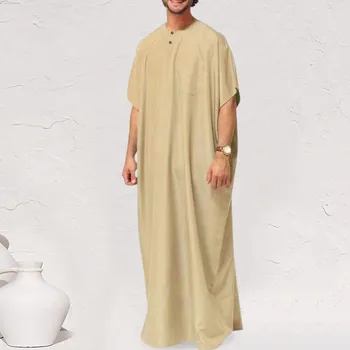 המוסלמים החלוק גברים Jubba Thobe ערב הסעודית Kaftan במזרח התיכון Abaya כפתור רופף מזדמן האסלאמית בגדים צבע מוצק אופנה שמלה