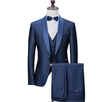 Mens חליפות 2019 חתונה, חליפות לגברים צעיף צווארון 3 חתיכות Slim Fit החליפה הכחולה Mens ז ' קט טוקסידו לחתונה(קט+מכנסיים+וסט)