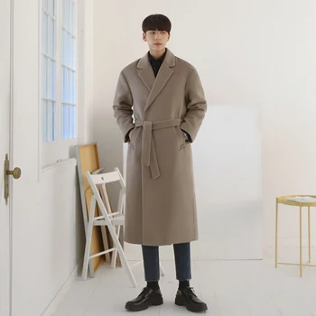 2023 קוריאנית מגמה של גברים רופף מזדמן מעיל עם חגורה סתיו חורף אופנה חדש ארוך שרוול צמר מעיל ארוך זכר S159