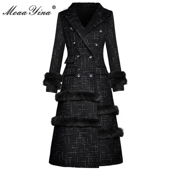MoaaYina מעצב אופנה החורף האביב אישה שחורה, מעיל Turn-למטה צווארון כפול עם חזה סלים מזדמן מעיל מעיל
