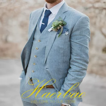 קיץ גברים חליפת החתונה ז ' קט פשתן אפוד מכנסיים 3 חתיכה להגדיר מסיבת חוף טוקסידו רשמית החתן Outifi נאה בגדים