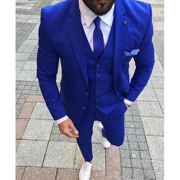 כחול מלכותי חתונה Mens חליפות בהתאמה אישית Slim Fit החתן חליפות הצעיף דש 3 קטע ג 'קט מכנסיים הגברי 