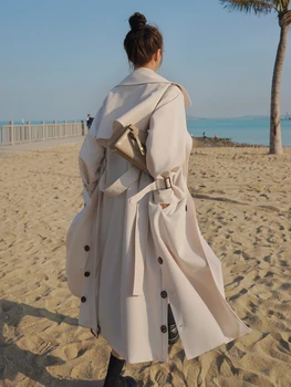 קוריאה סגנון אופנה זמן כפול-נשים עם חזה מעיל בצבע בז ' אבק מעיל נשים אביב סתיו נקבה הגלימה הלבשה עליונה