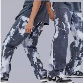 Dropshipping גברים מזדמנים חופשי ישר מכנסי ג 'ינס 2023 לקשור צבע הדפסה שמיים כחולים ארוך מכנסי ג' ינס ישר