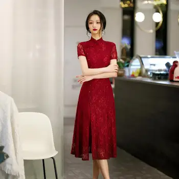 מנדרין קולר בציר כפתור צ ' יפאו ליידי פרח תחרה סקסי Cheongsam הסינית מסורתית להתלבש שמלה בתוספת גודל 3XL 4XL Vestidos