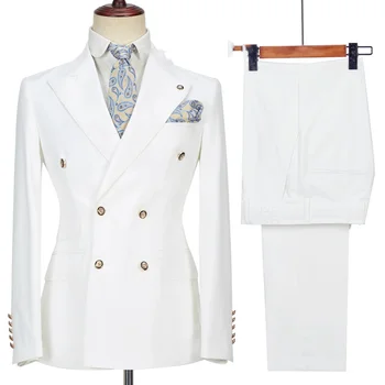 2023 תחפושת Homme לבן זוגי עם חזה חליפות עסקים לגברים החתן החתונה Terno Masculino Slim Fit 2PCS(קט+מכנסיים)