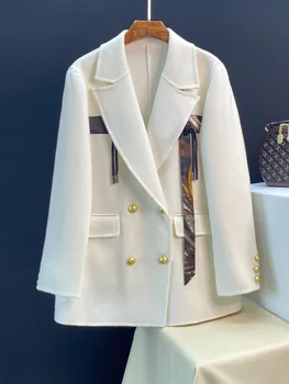 חליפת צווארון כפול מול קשמיר מעיל לנשים 2022 חדש כפול עם חזה סיני בקשרים טלאים צמר מעיל לנשים