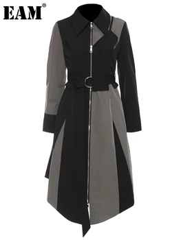 [ידה] נשים צבע שחור-בלוק ארוך חגור טרנץ ' חדש דש שרוול ארוך מתאים רופף מעיל רוח אופנה האביב הסתיו 2023 1DE4231