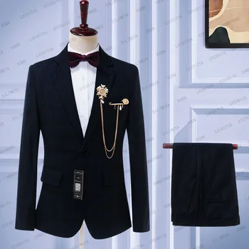 2023 חדש שחור כחול כהה משובץ 2 יח 'סט חליפה של גבר בלייזר מכנסיים מזדמנים קלאסי העסק ג' נטלמן רשמית החתן החתונה בגדים