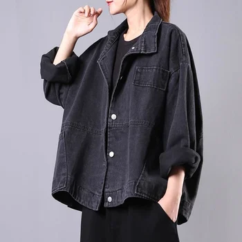 סתיו חדש קוריאני ספרותית רטרו וינטג 'ינס של נשים שרוול ארוך BF ג' ינס גדול שחור ' ין Harajuku מעיל נקבה, מעילים. 