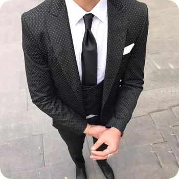 2021 גברים 3 חתיכות נקודות שחורות חליפת העסקים הרגיל מתאים לשיא דש הנשף טוקסידו לחתונה/מסיבת השושבין(בלייזר+אפוד+מכנסיים)