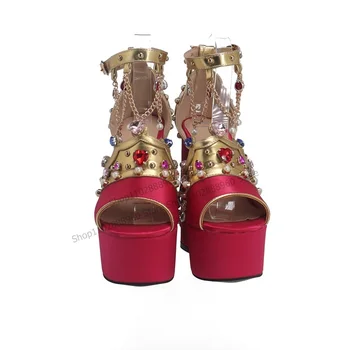 מעורבות צבע קריסטל שרשרת עיצוב סנדלים שמנמן עקבים גבוהים לכסות את העקב נעלי נשים פלטפורמת קרסול אבזם הבוהן ציוץ Zapatillas Mujer
