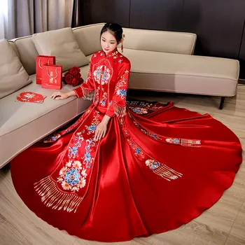 מסורתי, מנדרינית צווארון והכלה החתונה השמלה המדהימה פרח רקמה, חרוזים ציצית להתחתן עם Cheongsam Свадебное платье