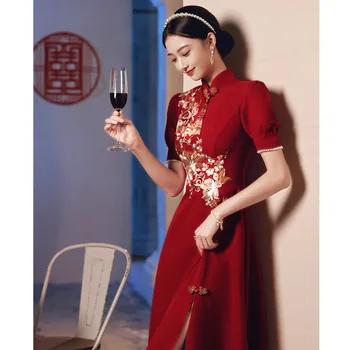 סיני רקום שמלת כלה Cheongsam לנשים יין אדום בתולת ים שמלת הערב תחפושת צ ' י פאו ארוך שמלה אלגנטית