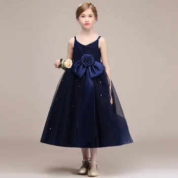 Dideyttawl שמלת מסיבת לילדים ילדה יום הולדת רשמי הקודש נסיכה שמלות כחולות טול עניבת הפרפר 