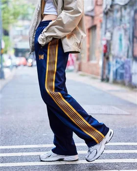 CZTOP רחוב אופנה משובחת מחטים פרפר מכנסיים מזדמנים חופשי חגורה גבוה ברחוב מכנסיים רחבים הרגל מכנסיים רקומים יוניסקס