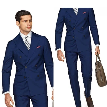 2 יח ' Mens החתונה כחול חליפות חתן Slim Fit רשמית גברים חליפה באיכות גבוהה בהזמנה אישית גברים חליפות חתונה