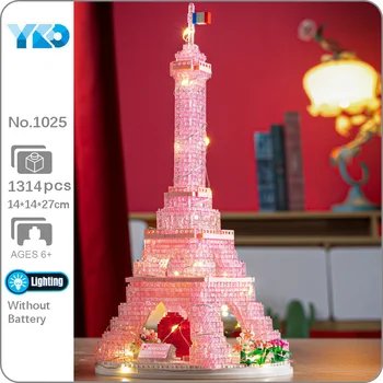 YKO 1025 העולם אדריכלות קריסטל ורוד רומנטי מגדל אייפל לב אור LED 3D Mini יהלומים אבני בניין לבנים צעצוע בלי תיבה